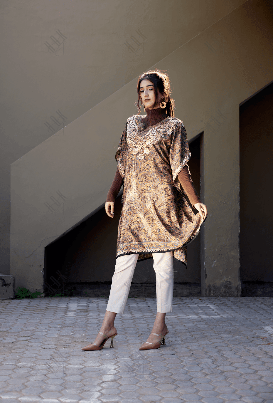 Premium Hand Embroidery Chikankari PolySilk Kaftan Top wear for Women Dark Brown Print - House Of Kari (Chikankari Clothing)