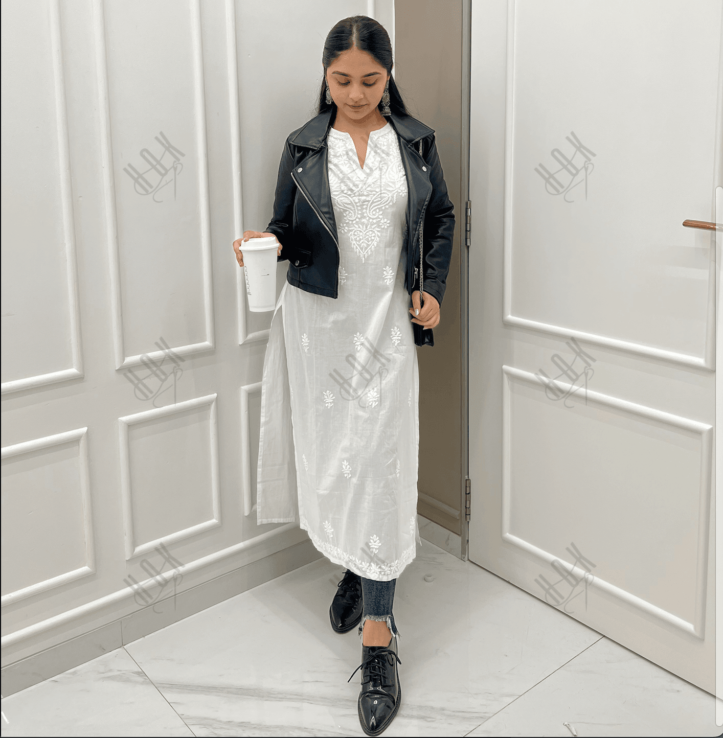 Sharmin in HOK Chikankari Long Kurti for Women in white - House Of Kari (Chikankari Clothing)