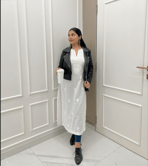 Sharmin in HOK Chikankari Long Kurti for Women in white - House Of Kari (Chikankari Clothing)