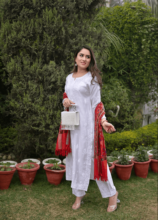 Nikita in Noor House of Kari Chanderi Silk Long Kurta - House Of Kari (Chikankari Clothing)