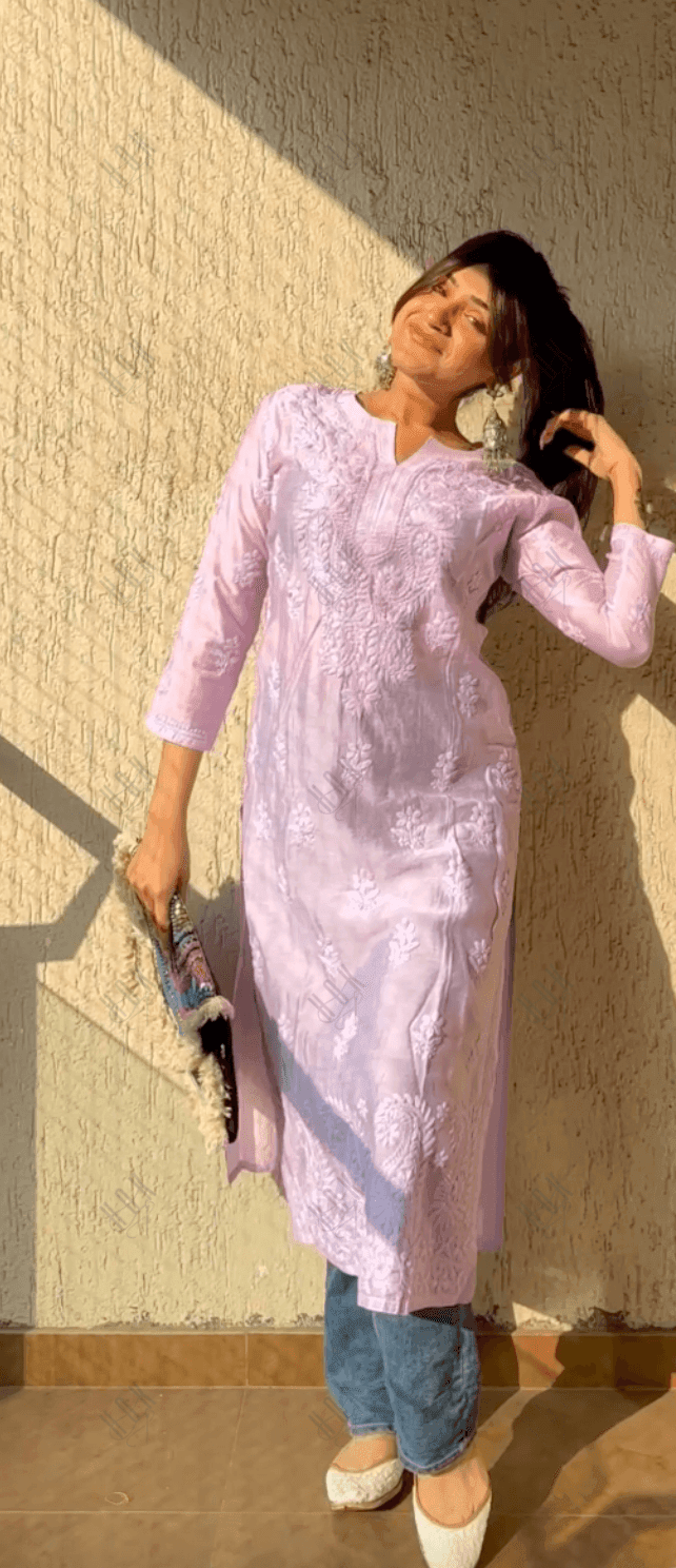 Vedika in Noor HOK Hand Embroidery Chanderi Silk Lavender - House Of Kari (Chikankari Clothing)