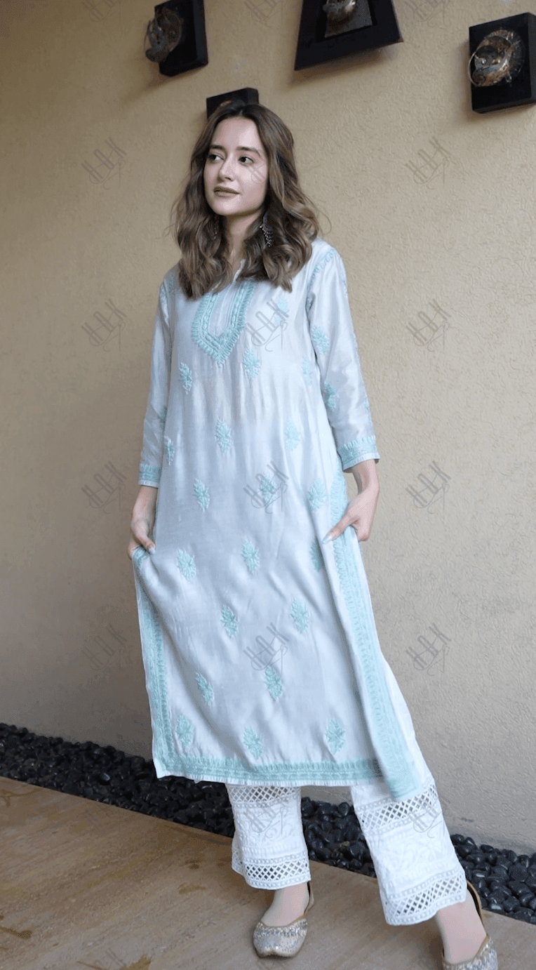 Komal in Noor HOK Hand Embroidery Chanderi Silk Turquoise Blue - House Of Kari (Chikankari Clothing)