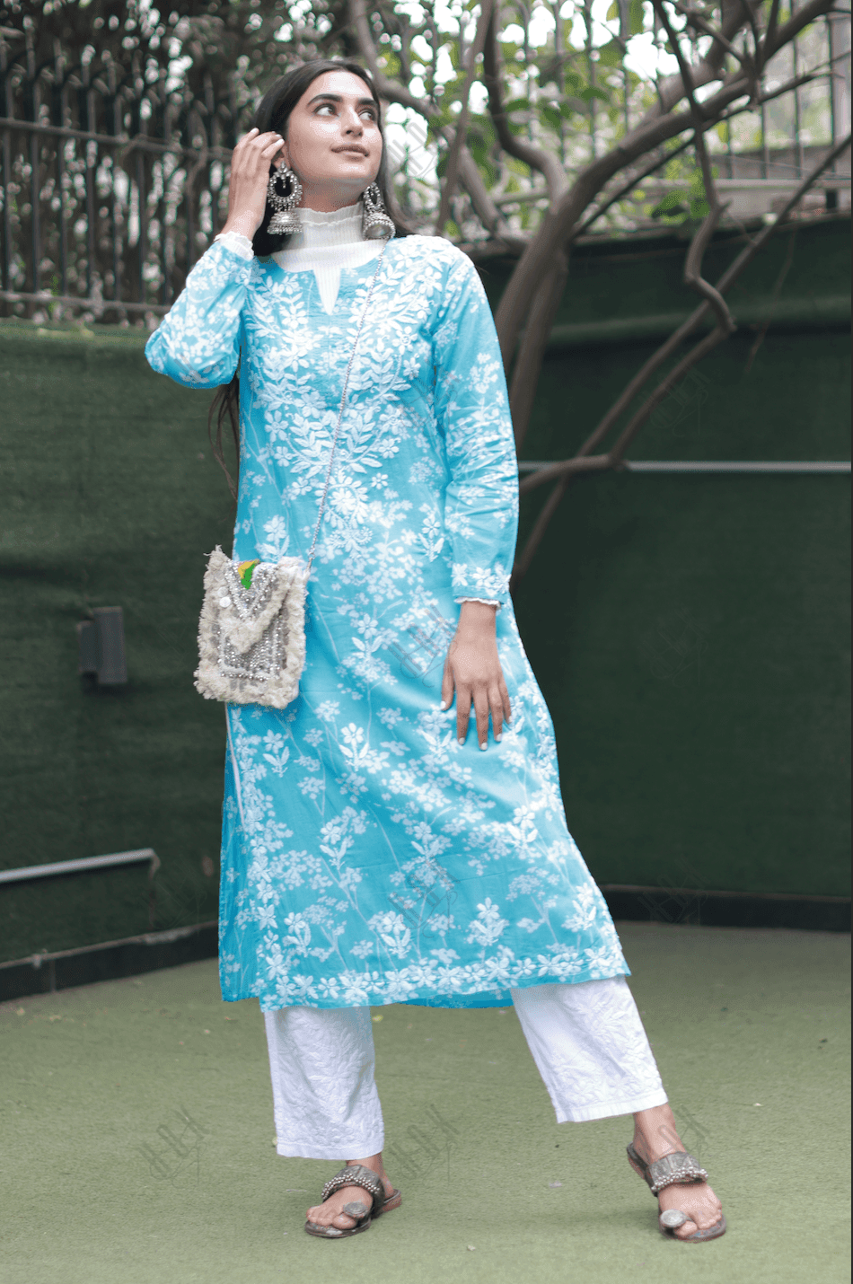 Bhavdeep in Noor Mul Printed Hand Embroidery Chikankari Kurta- Light Blue - House Of Kari (Chikankari Clothing)