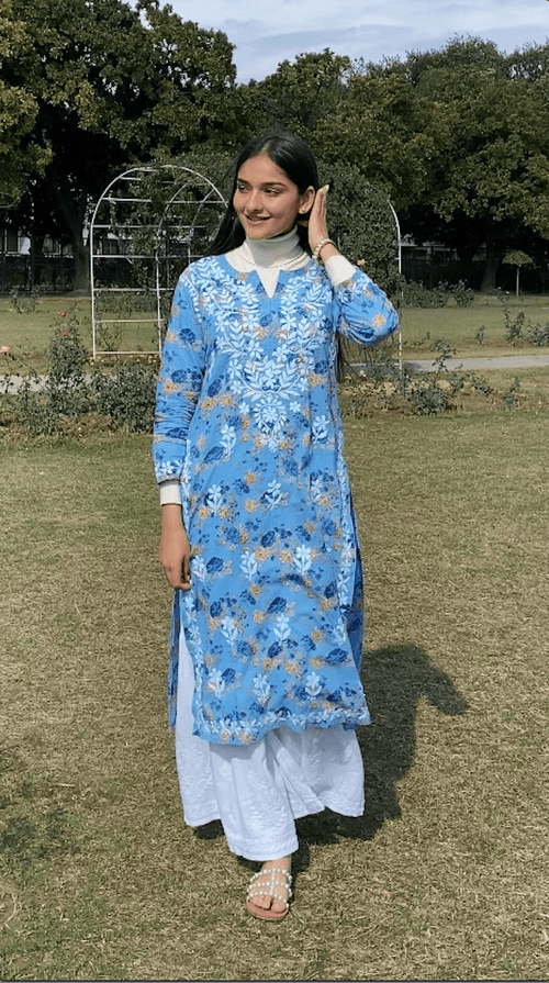 Aruneet in Noor Mul Printed Hand Embroidery Chikankari Kurta- Blue - House Of Kari (Chikankari Clothing)