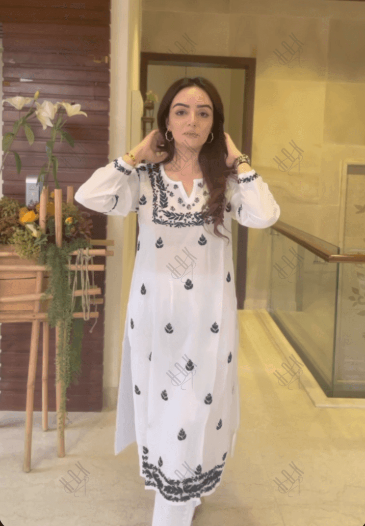 Nishtha in Noor HOK Muslin Chikankari kurti for Women- White With Black - House Of Kari (Chikankari Clothing)