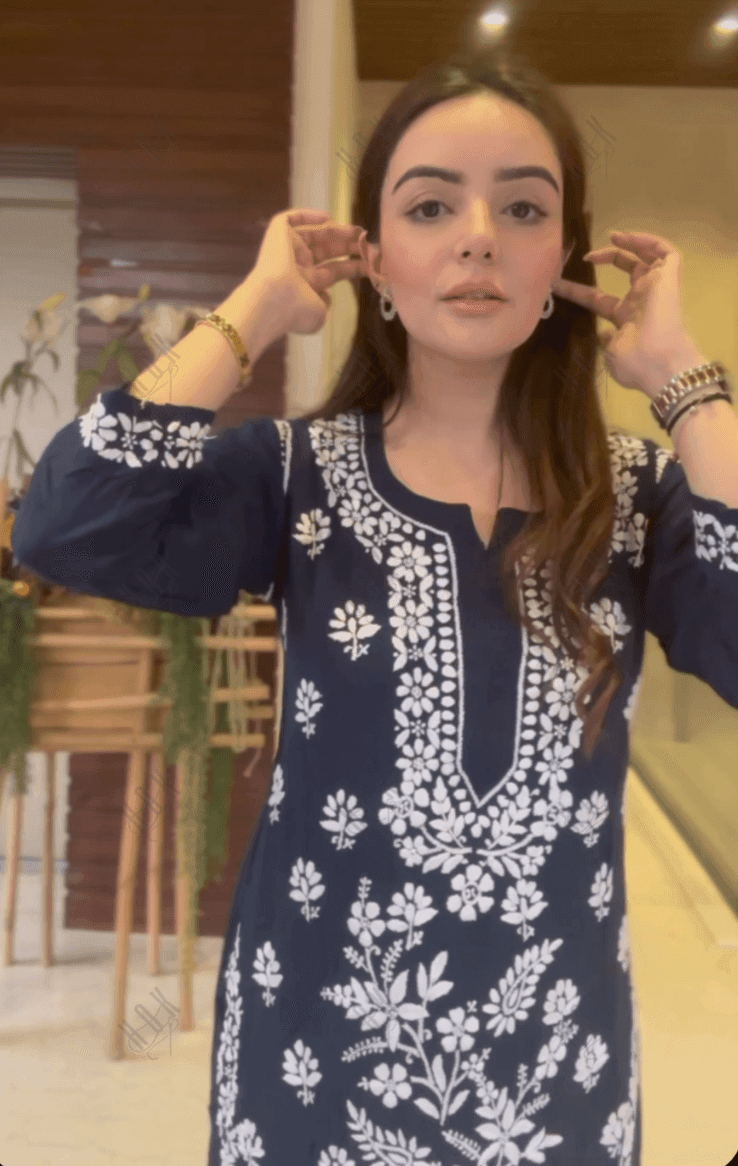 Simran in Premium Hand Embroidery Chikankari Kurta Modal Cotton- Blue - House Of Kari (Chikankari Clothing)