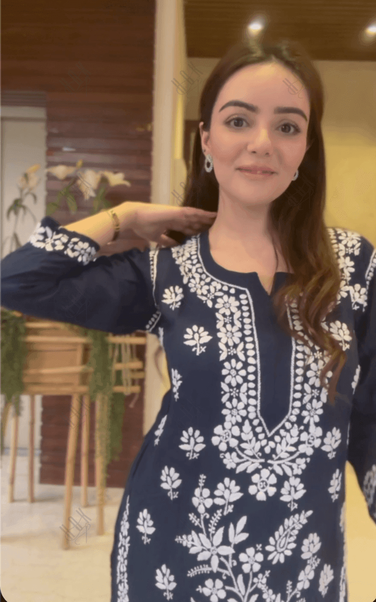 Simran in Premium Hand Embroidery Chikankari Kurta Modal Cotton- Blue - House Of Kari (Chikankari Clothing)