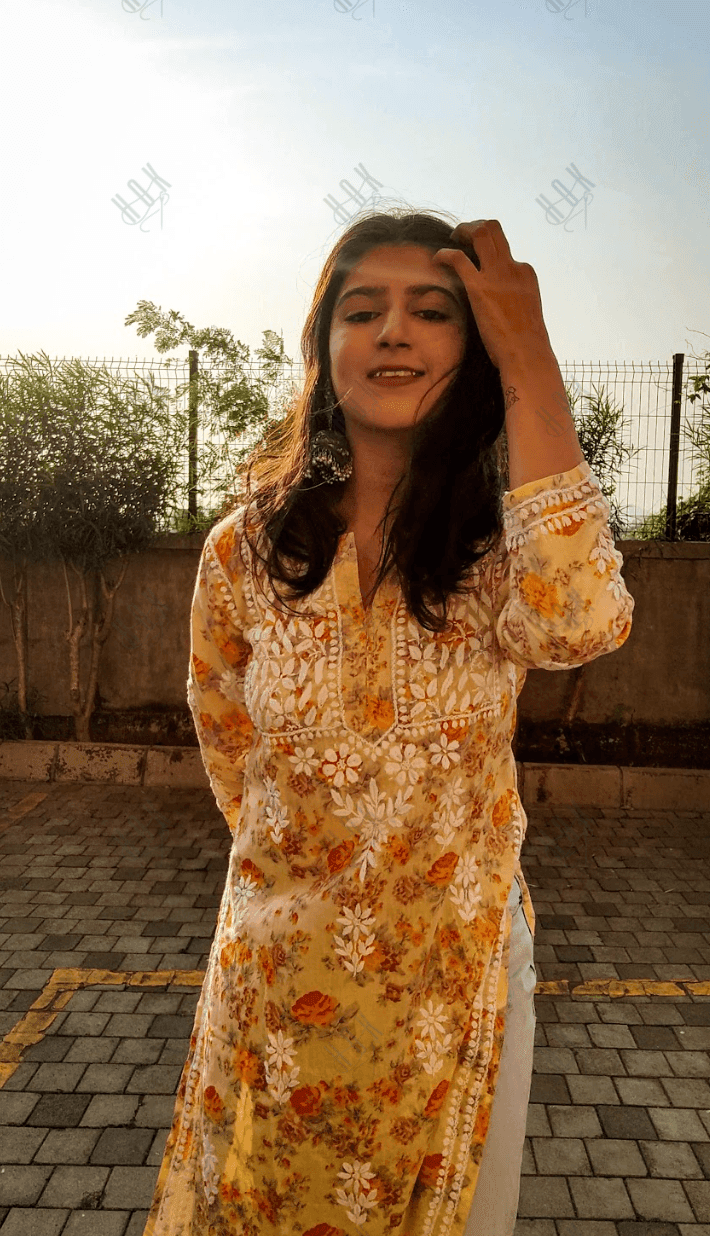 Shivani in Noor Mul Printed Hand Embroidery Chikankari Kurta- Yellow - House Of Kari (Chikankari Clothing)