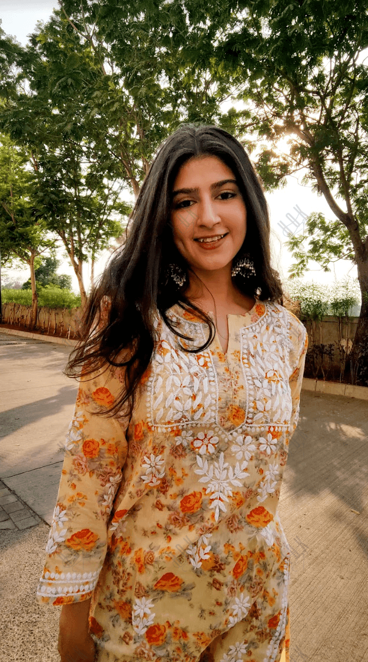 Shivani in Noor Mul Printed Hand Embroidery Chikankari Kurta- Yellow - House Of Kari (Chikankari Clothing)