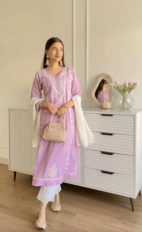 Load image into Gallery viewer, Farheen in HOK Chikankari Anarkali Kurti for Women - Lavender - House Of Kari (Chikankari Clothing)
