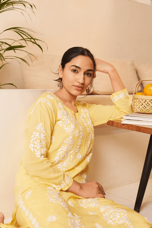 Yellow Chikankari Co-ord Set In Modal Cotton For Women| Samma Collection