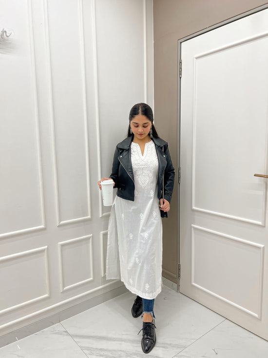 Sharmin in HOK Chikankari Long Kurti for Women in white - House Of Kari (Chikankari Clothing)