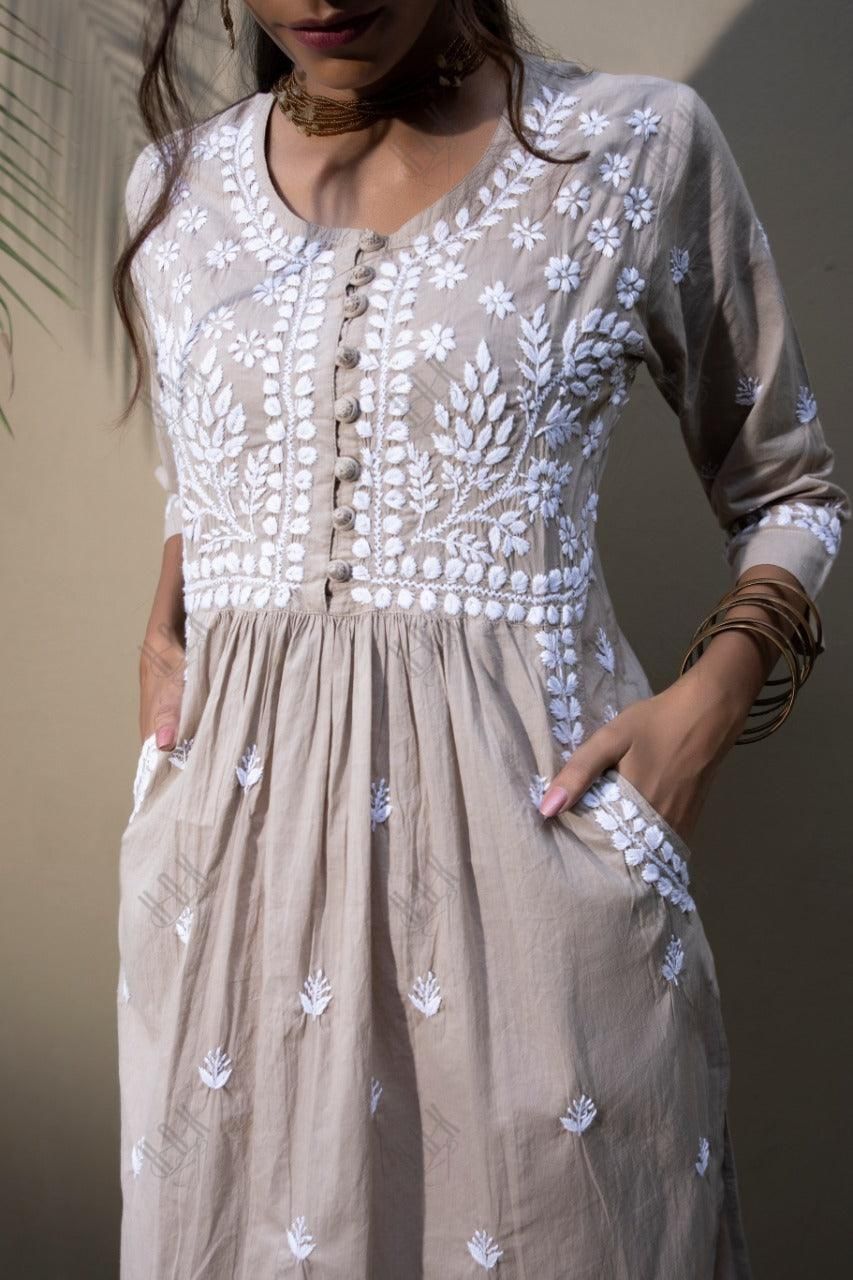 Sakshi & Jinal in Chikankari Hand embroidery tunic-Brown - House Of Kari (Chikankari Clothing)