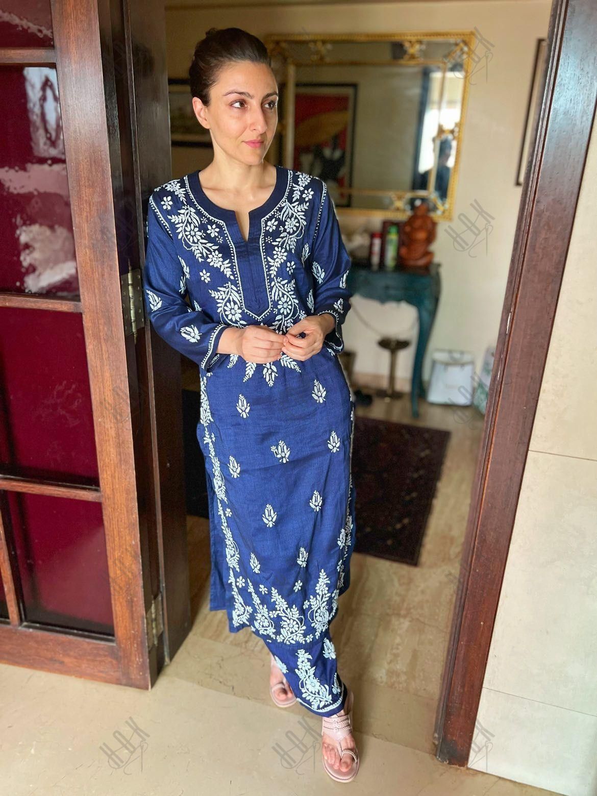 Soha Ali Khan Pataudi in House of Kari Hand Embroidery Chikankari CO-ORD set for Women In Navy Blue - House Of Kari (Chikankari Clothing)