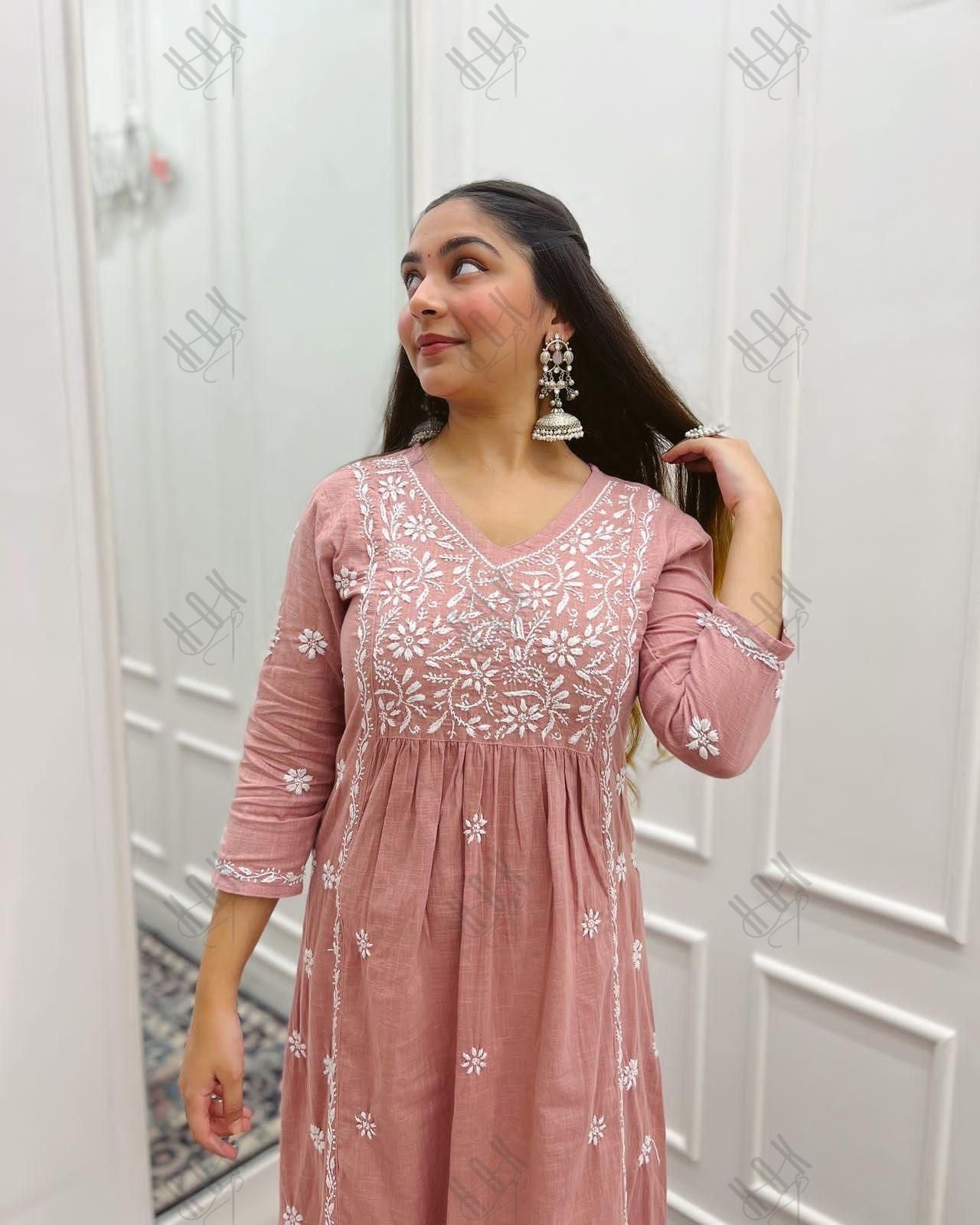 Sharmin in Hand Embroidery Chikankari Long Kurti for Women Peach - House Of Kari (Chikankari Clothing)