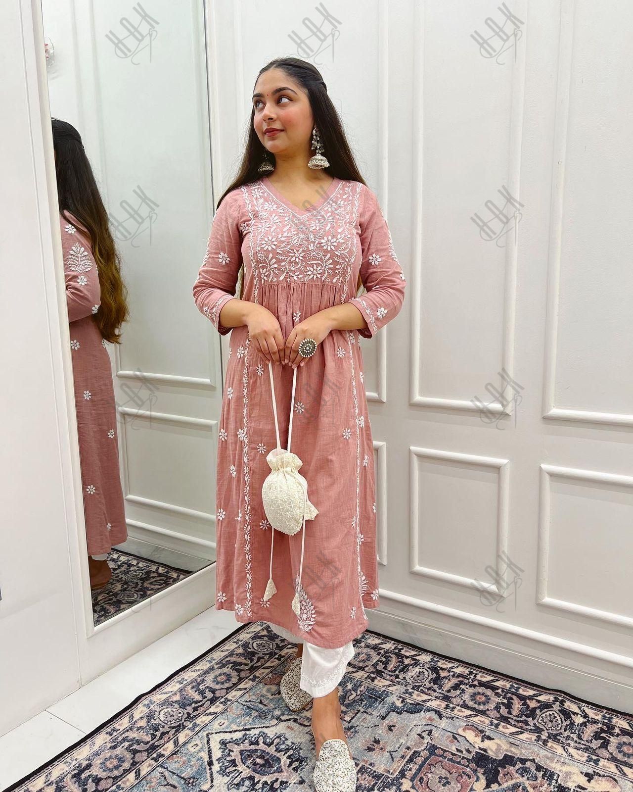 Sharmin in Hand Embroidery Chikankari Long Kurti for Women Peach - House Of Kari (Chikankari Clothing)