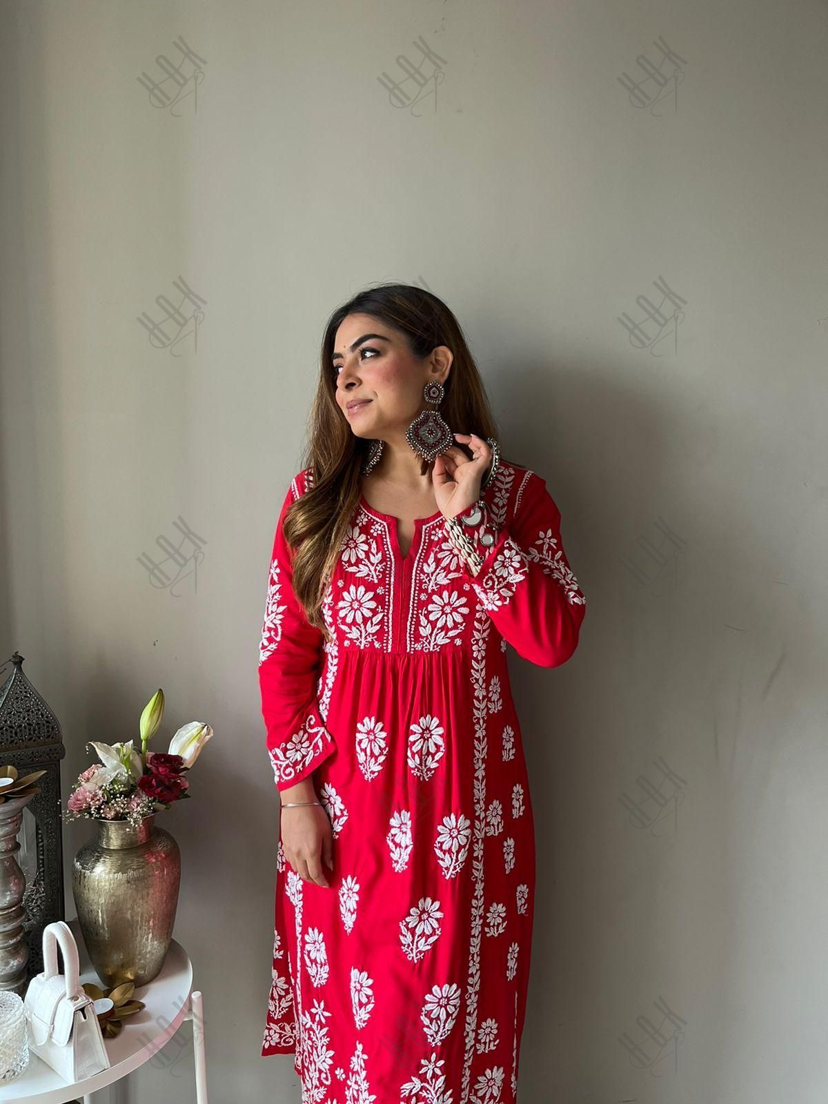 Gurleen Gambhir In Rayon Chikankari Long Kurti Red White - House Of Kari (Chikankari Clothing)