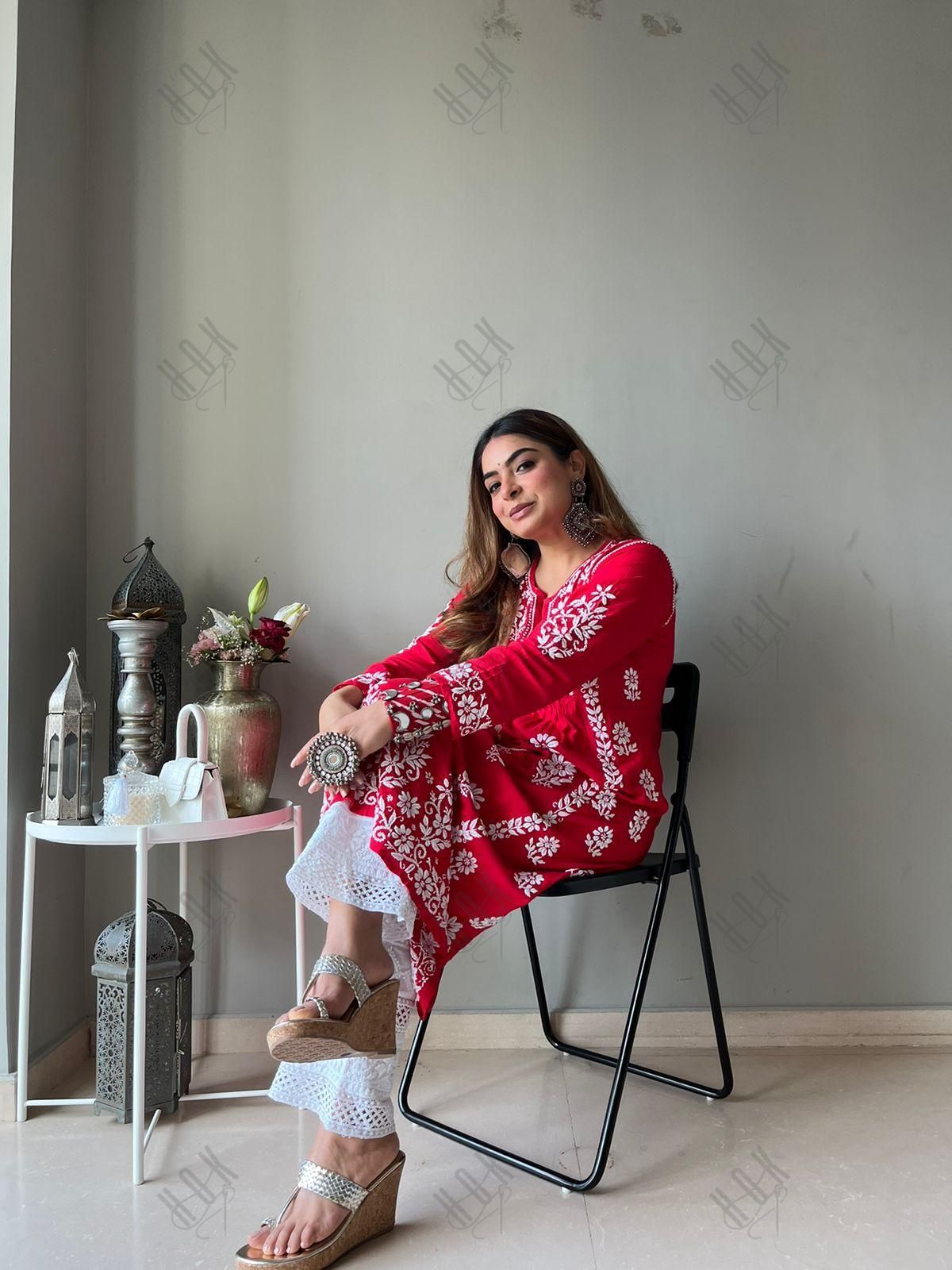 Gurleen Gambhir In Rayon Chikankari Long Kurti Red White - House Of Kari (Chikankari Clothing)