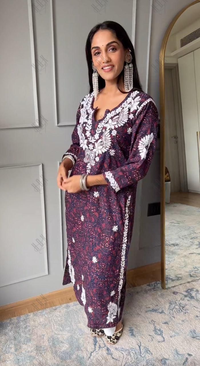 Shrima Rai in HOK Chikankari Fancy Long Kurti Dark Multicolour Print - House Of Kari (Chikankari Clothing)