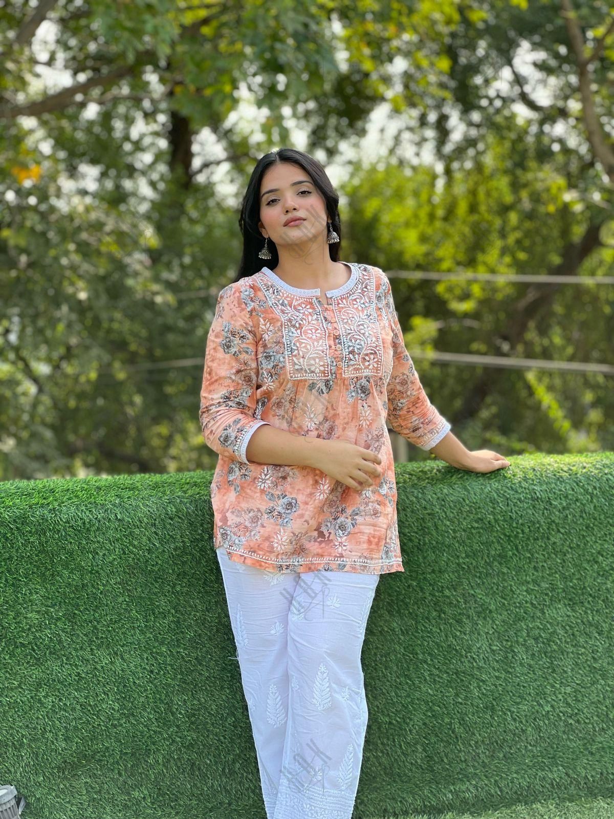 HOK Chikankari Tunic for Women Peach - House Of Kari (Chikankari Clothing)