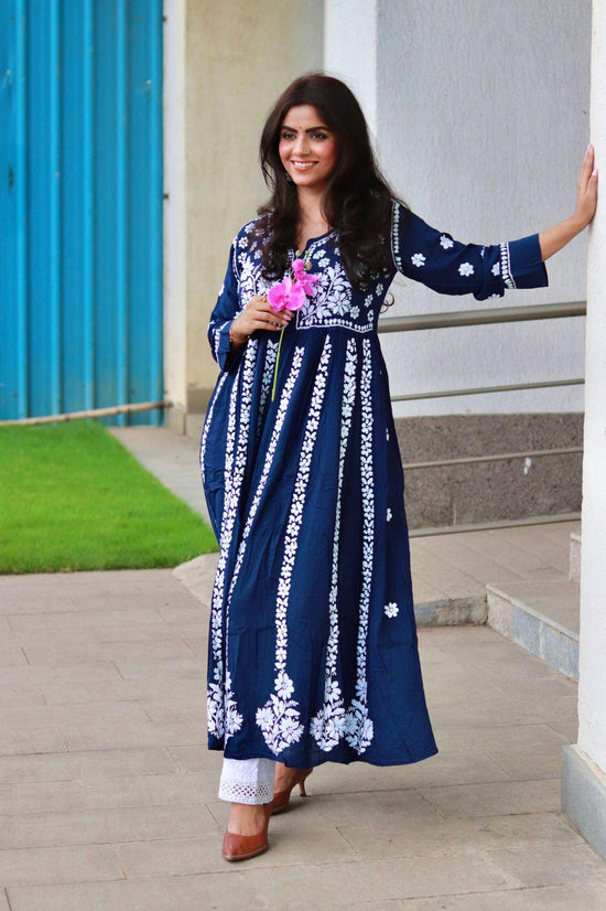 Sayantani in Noor Hand Embroidered Chikankari Long Gown for Women- Blue - House Of Kari (Chikankari Clothing)