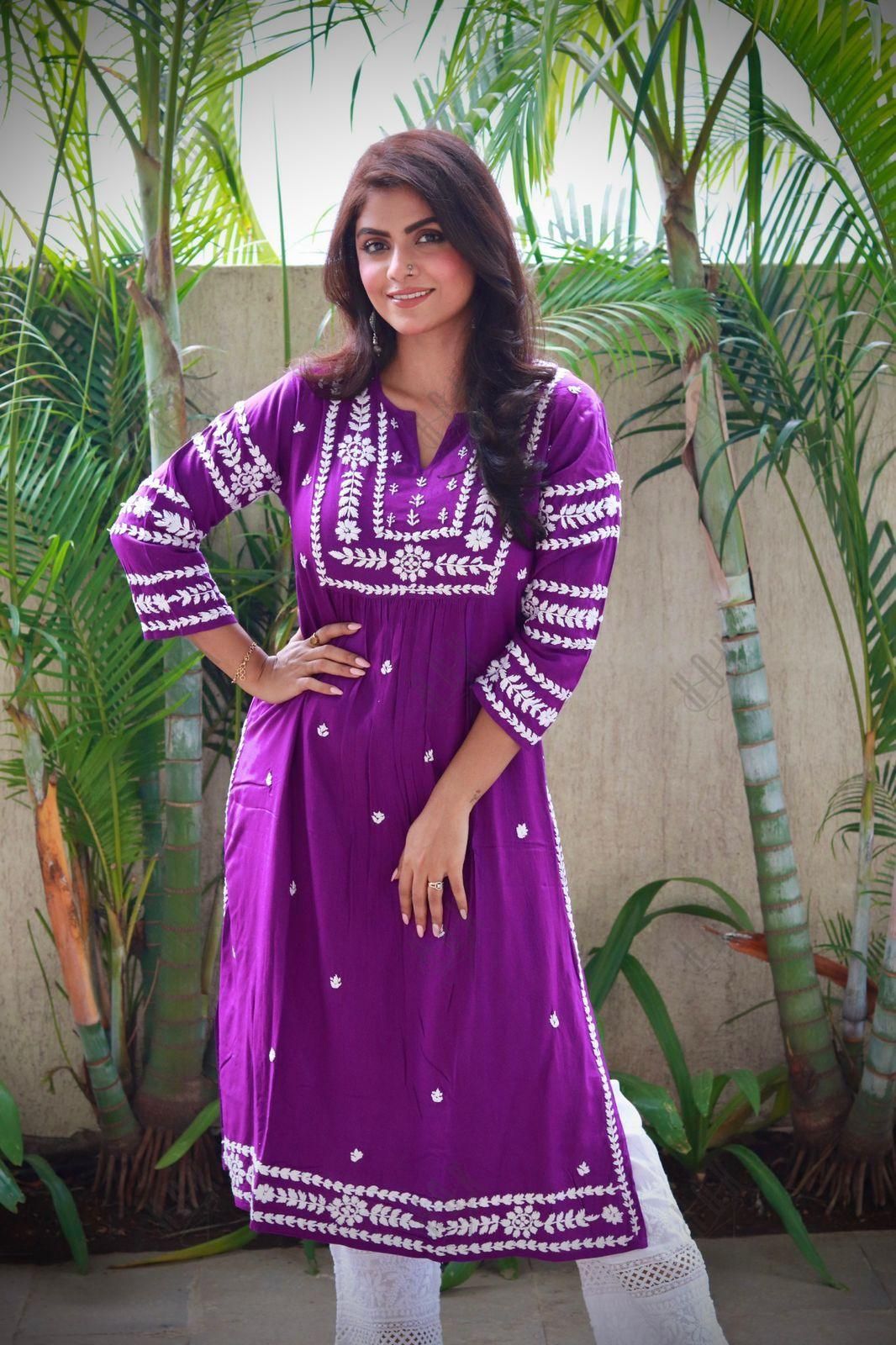 Sayantani in Noor Chikankari Long Kurta in Rayon Cotton for Women- Purple - House Of Kari (Chikankari Clothing)