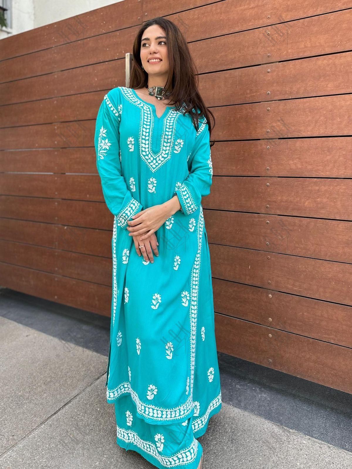 Bhavna in Noor Chikankari CO-ORD Set In Rayon for Women In Blue Turquoise - House Of Kari (Chikankari Clothing)