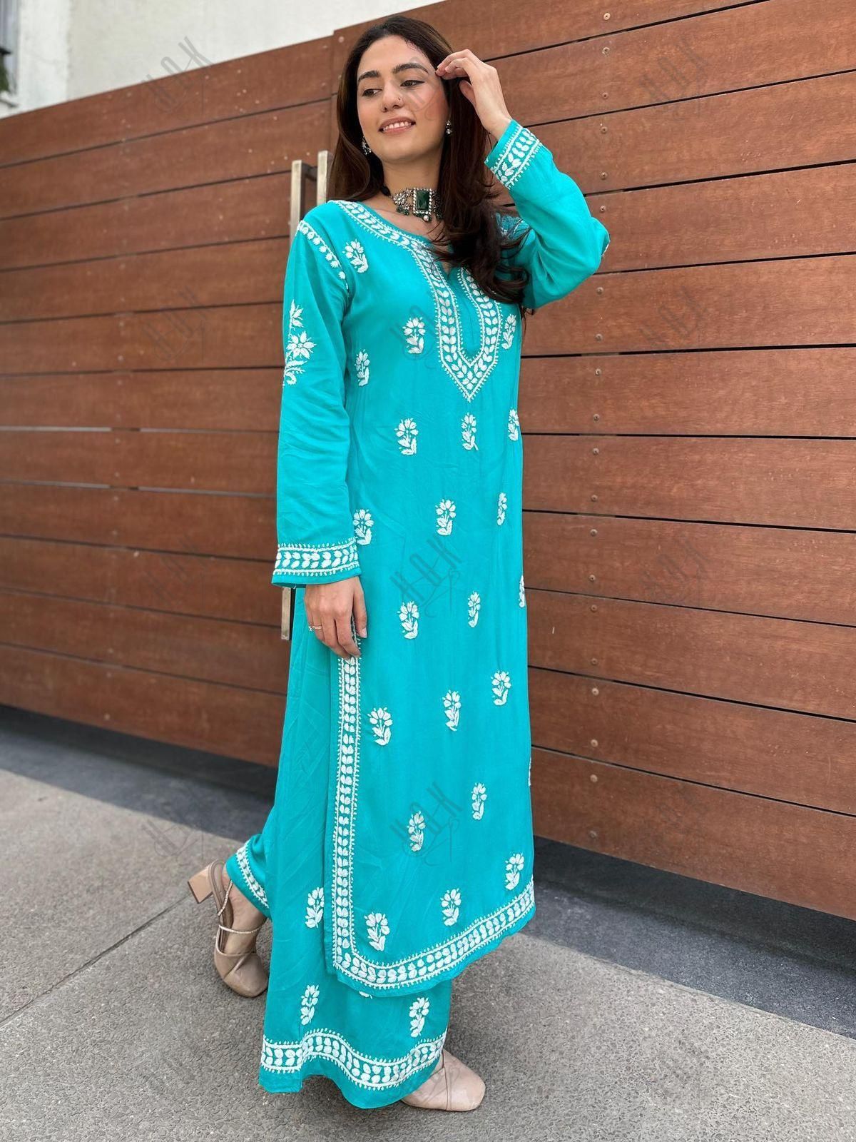 Bhavna in Noor Chikankari CO-ORD Set In Rayon for Women In Blue Turquoise - House Of Kari (Chikankari Clothing)