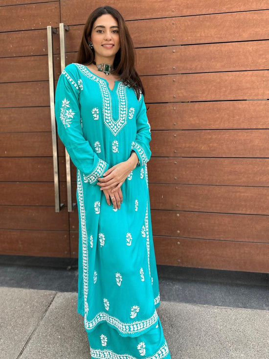 Bhavna in Noor Chikankari CO-ORD Set In Rayon for Women In Blue Turquoise - House Of Kari (Chikankari Clothing)
