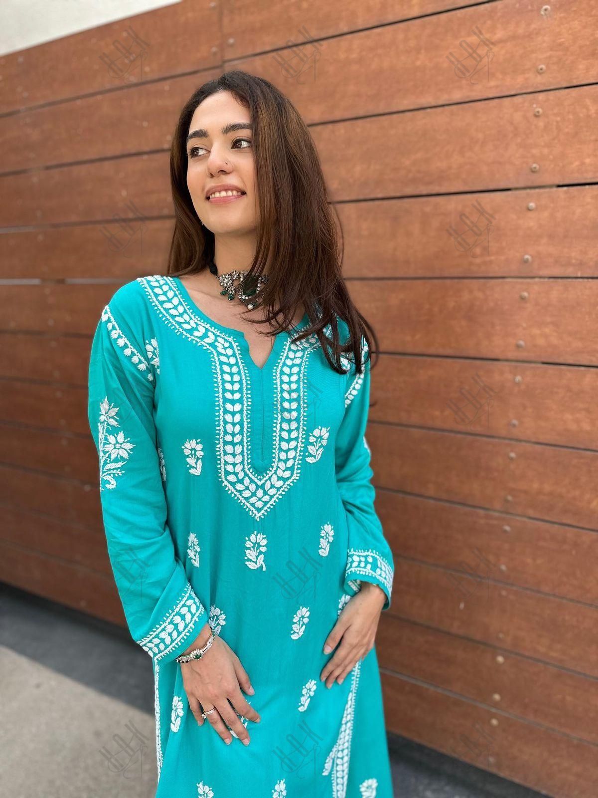 Bhavna in Noor Chikankari CO-ORD Set In Rayon for Women In Blue Turquoise - House Of Kari (Chikankari Clothing)