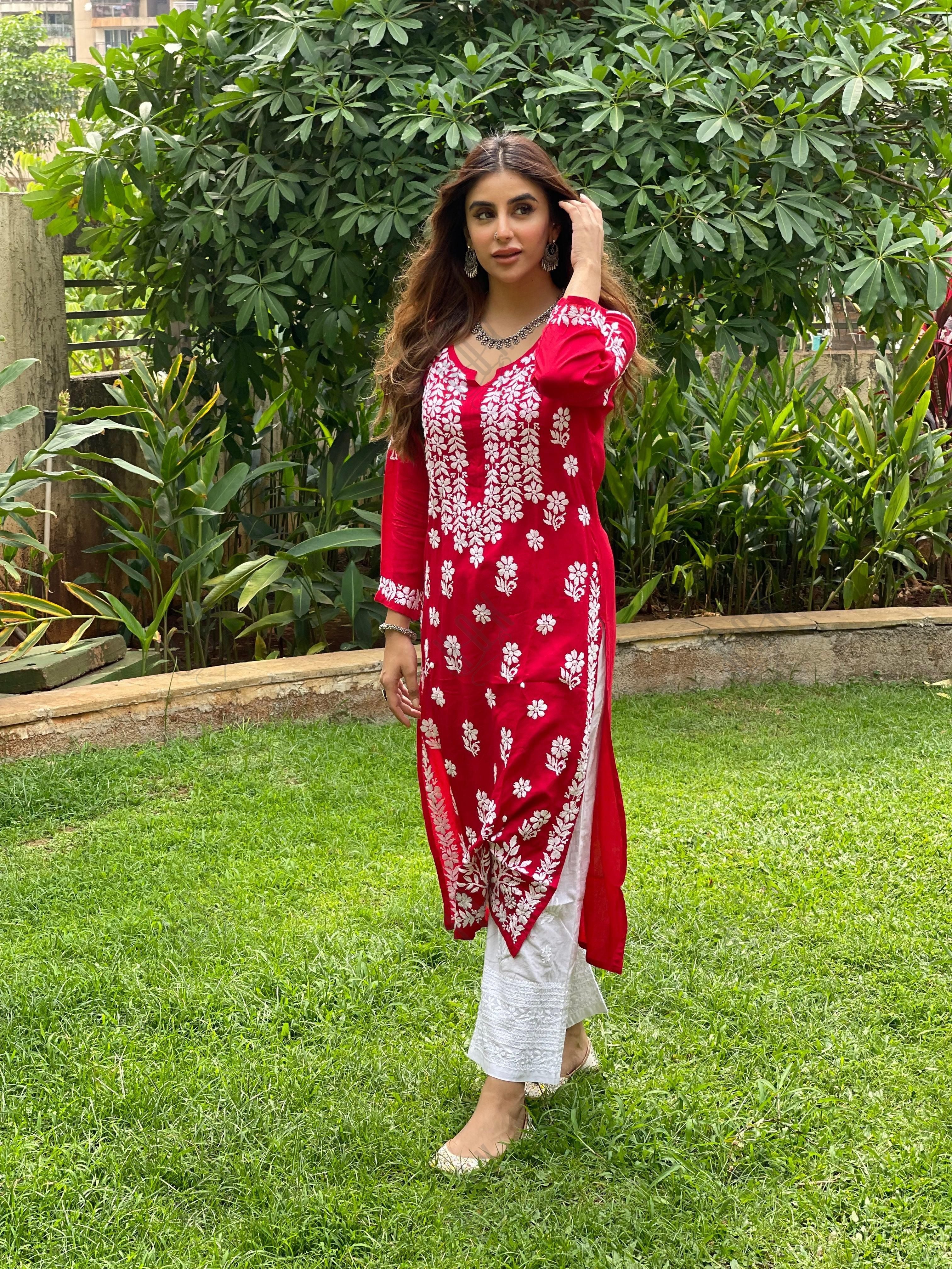 Miesha Iyer in Premium Hand Embroidery Chikankari Kurta Modal Cotton- Red - House Of Kari (Chikankari Clothing)