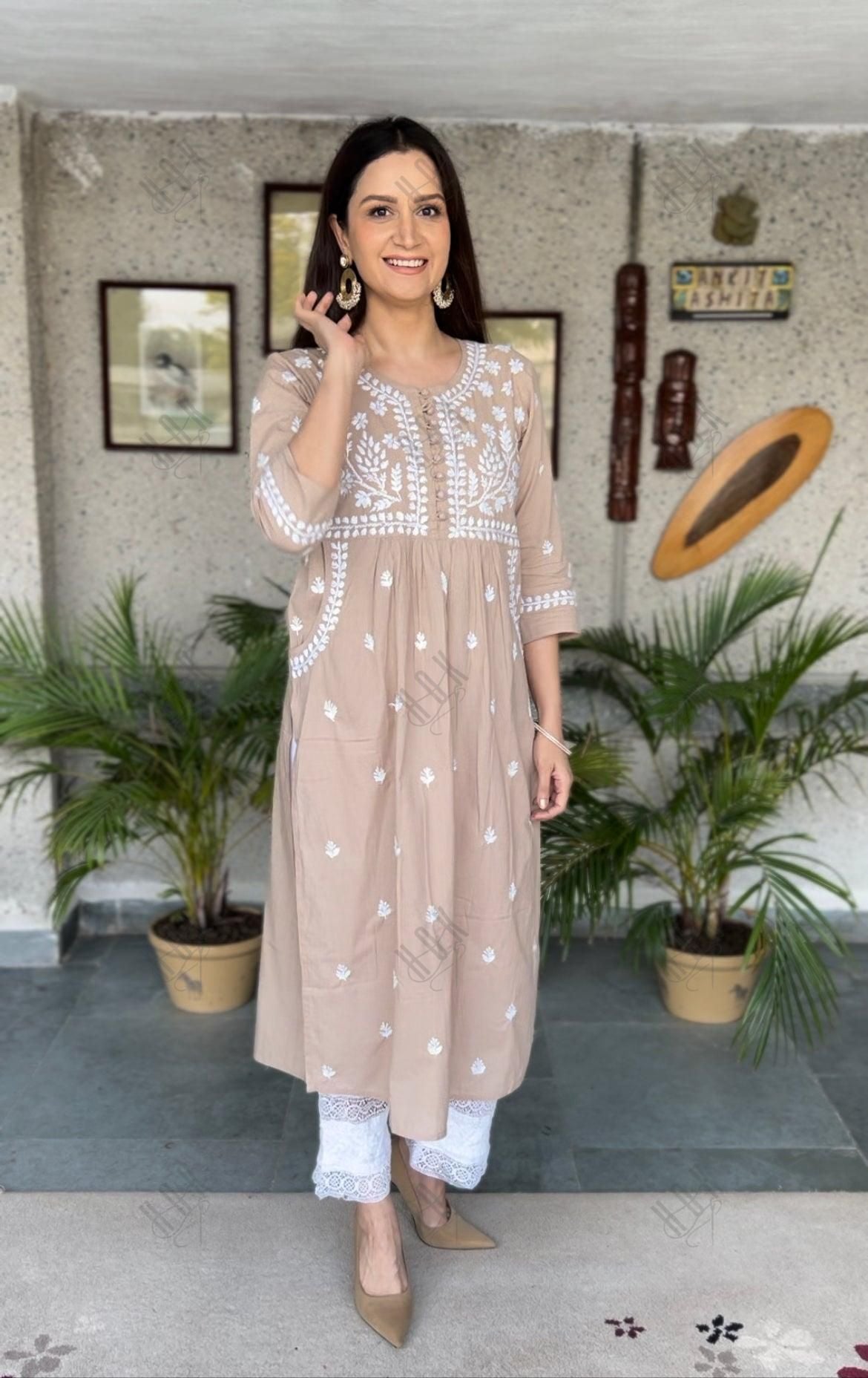 Asmita in HOK Chikankari Kurti for Women - Beige - House Of Kari (Chikankari Clothing)