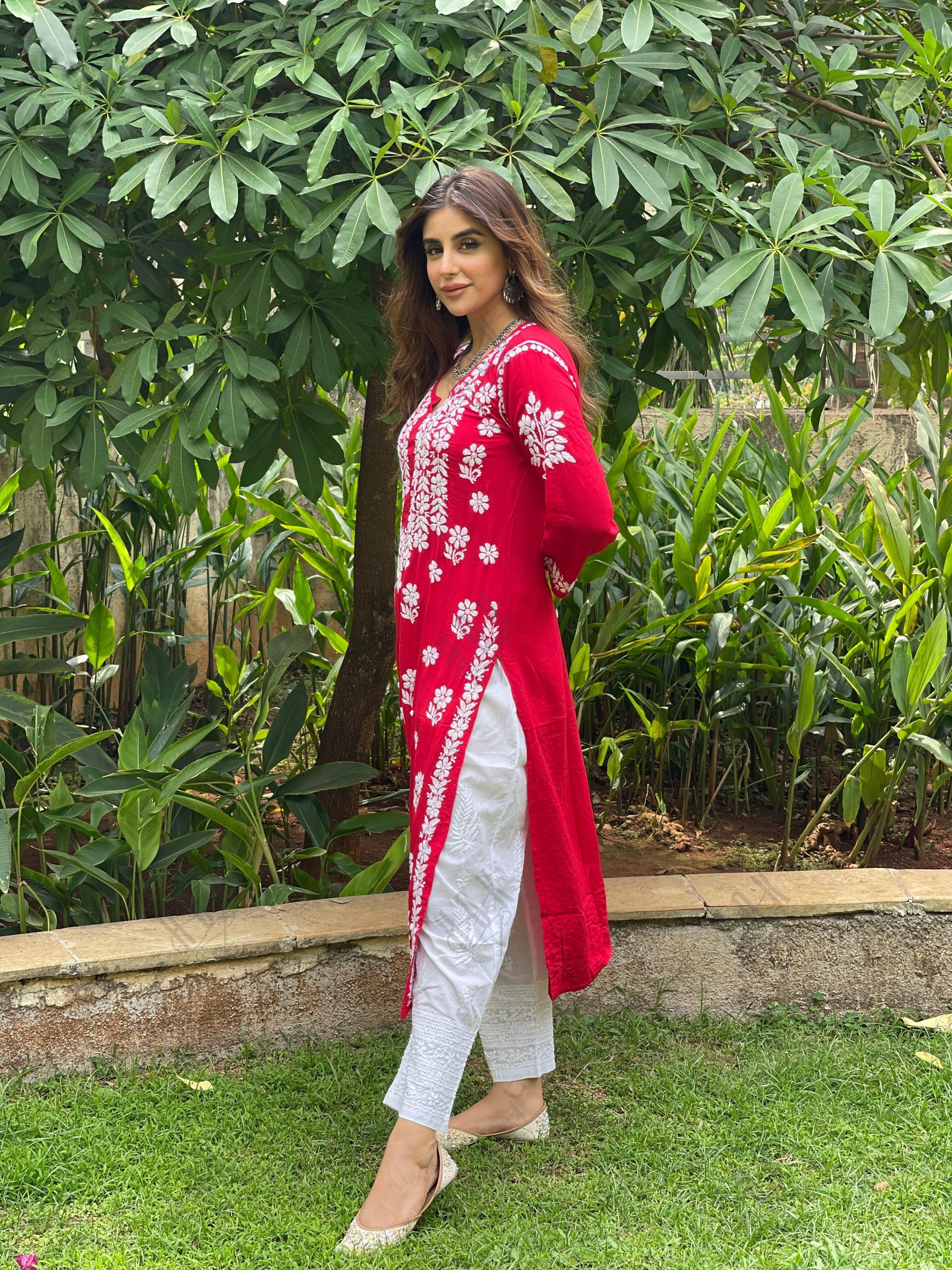 Miesha Iyer in Premium Hand Embroidery Chikankari Kurta Modal Cotton- Red - House Of Kari (Chikankari Clothing)