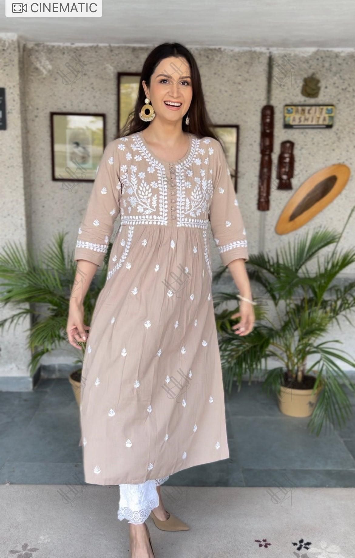 Asmita in HOK Chikankari Kurti for Women - Beige - House Of Kari (Chikankari Clothing)