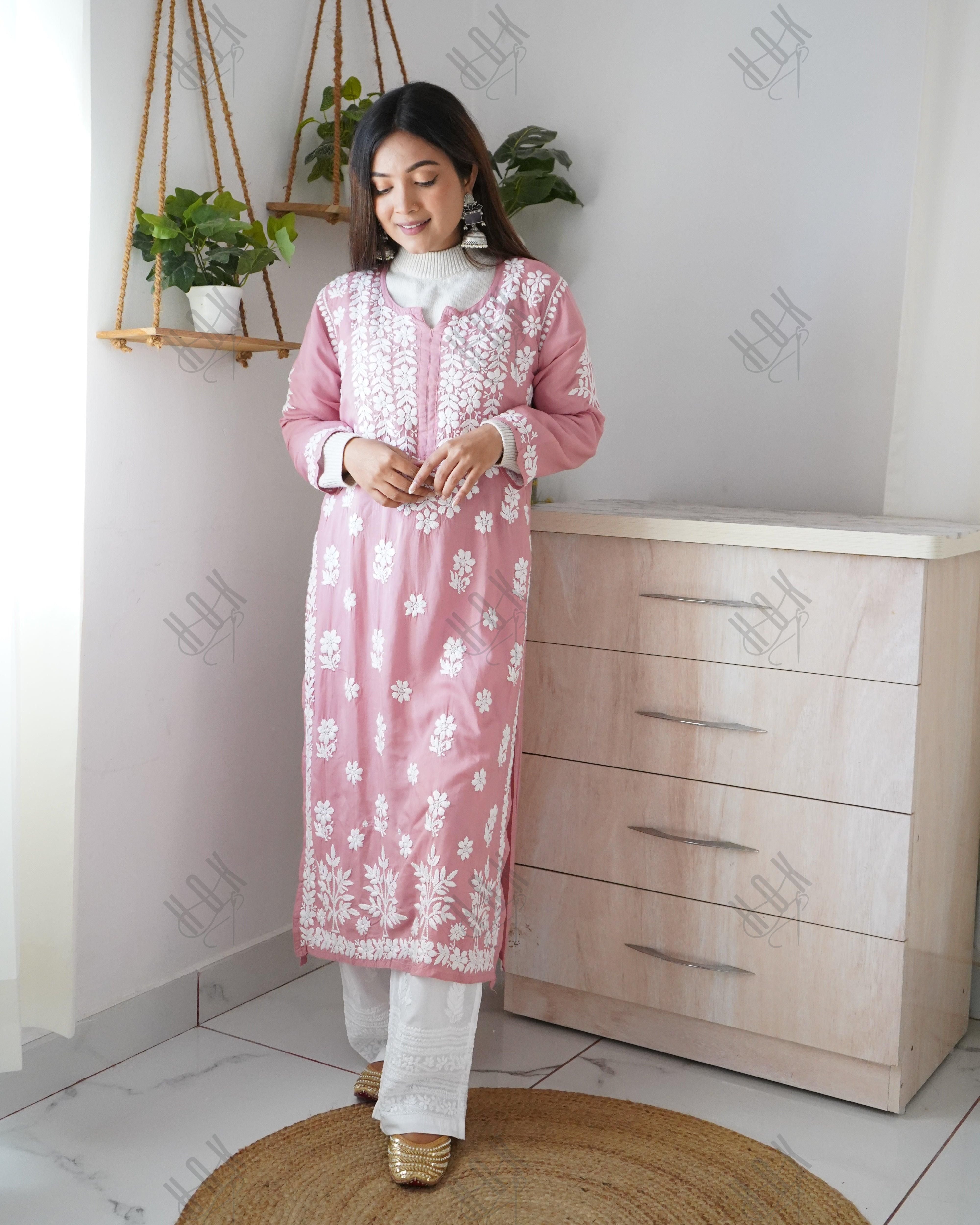 Arti Chauhan in Premium Hand Embroidery Chikankari Kurta Modal Cotton- Pink - House Of Kari (Chikankari Clothing)