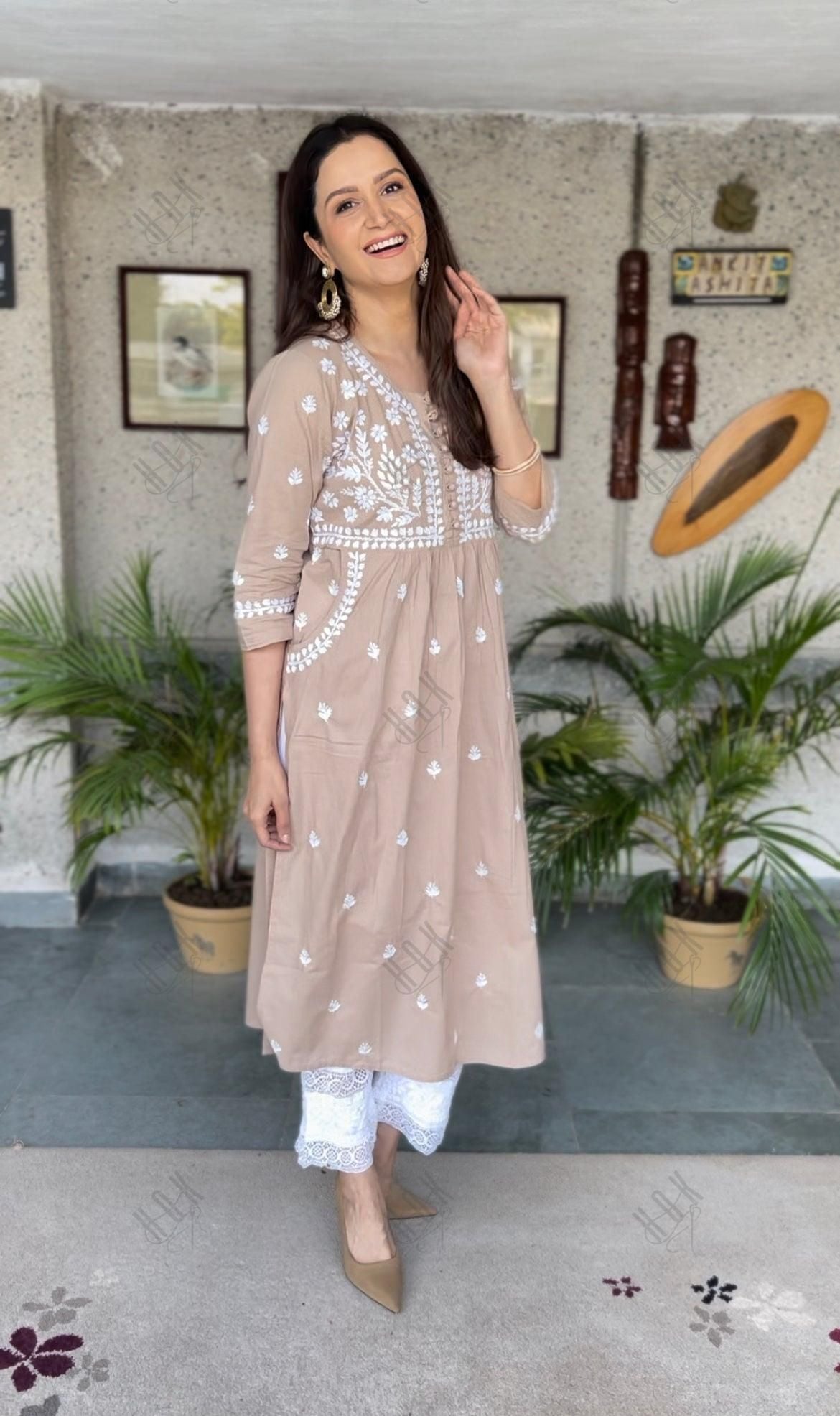 Asmita in HOK Chikankari Kurti for Women - Beige - House Of Kari (Chikankari Clothing)