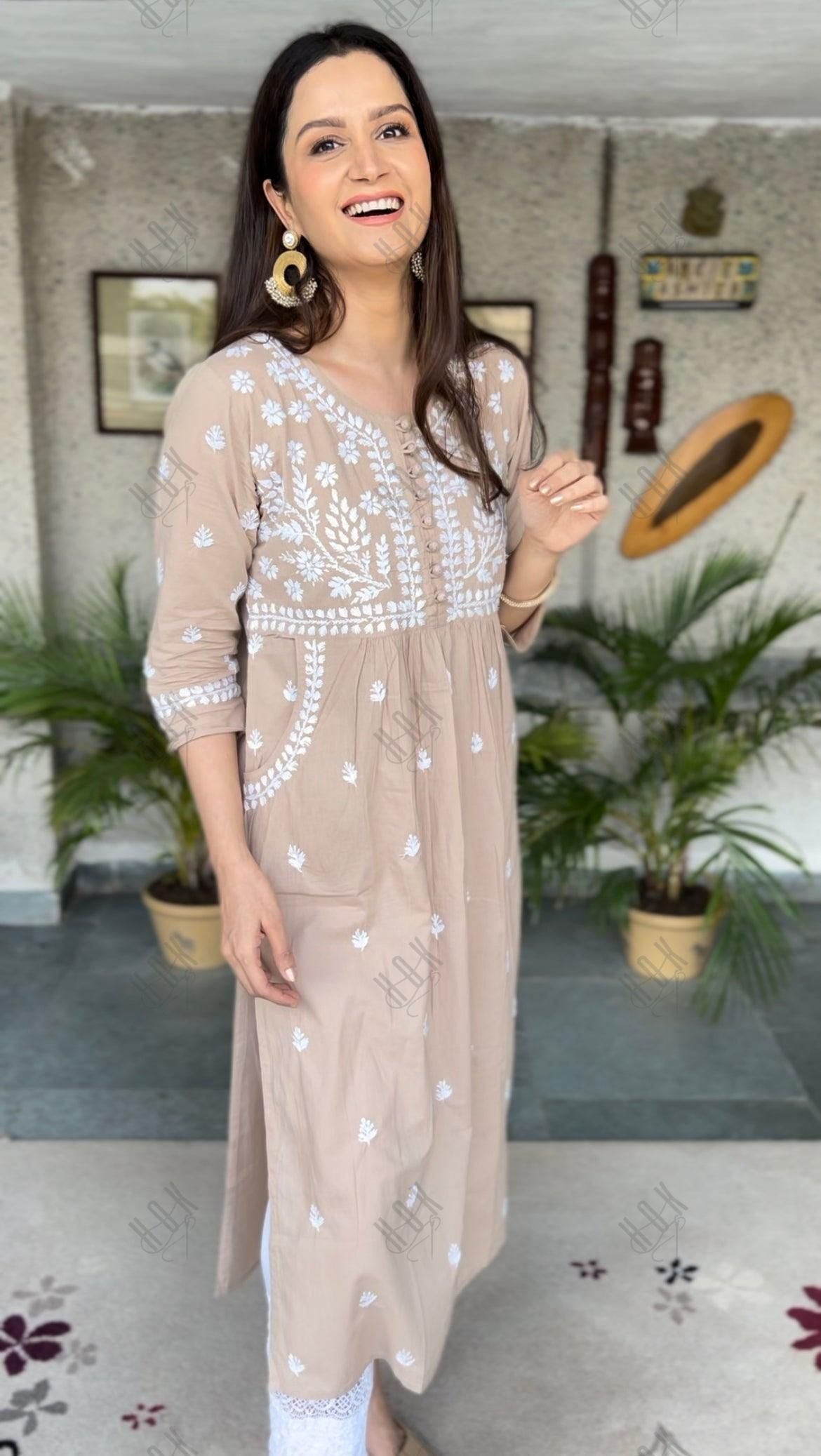 Asmita in HOK Chikankari Kurti for Women - Beige - House Of Kari (Chikankari Clothing)