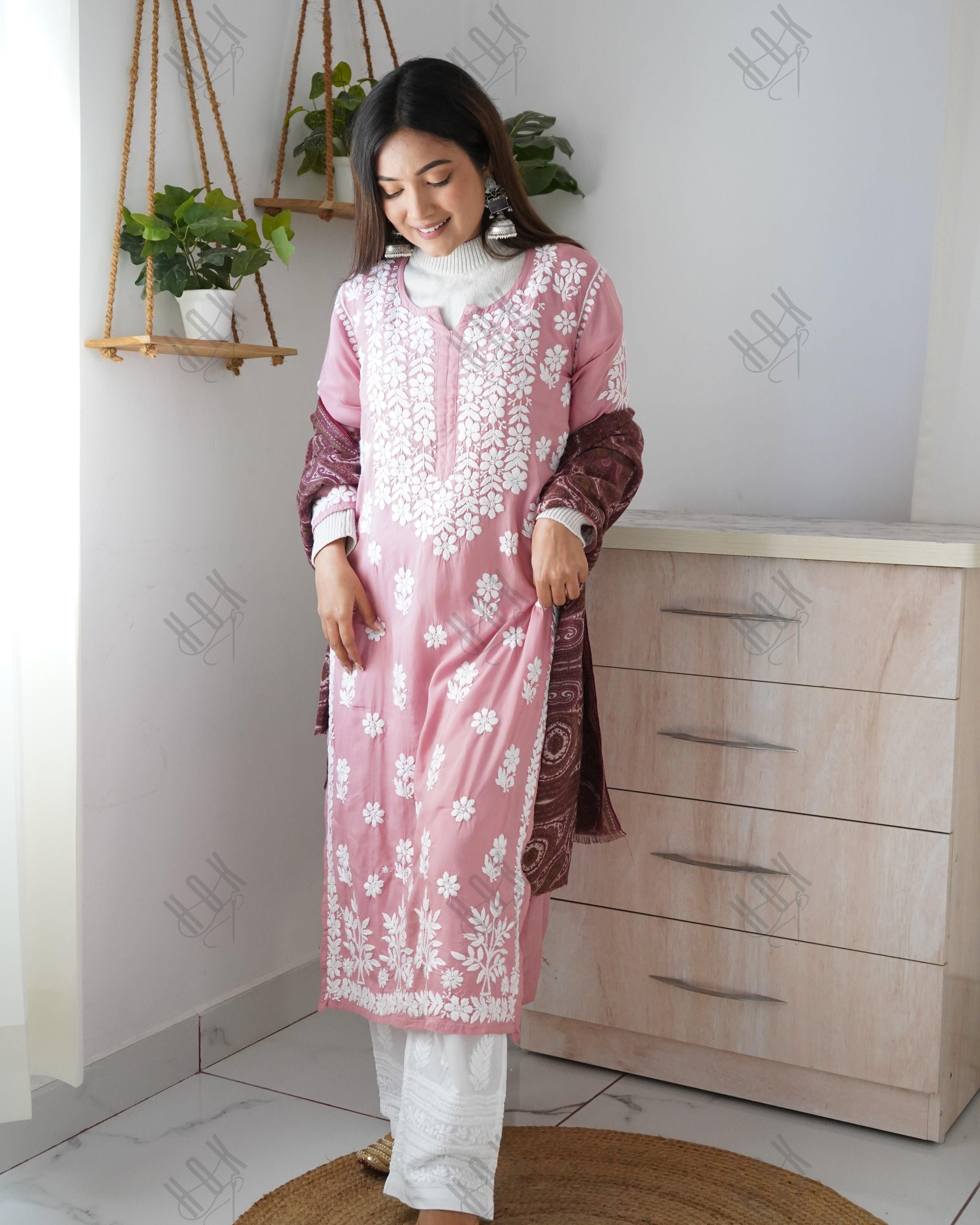 Arti Chauhan in Premium Hand Embroidery Chikankari Kurta Modal Cotton- Pink - House Of Kari (Chikankari Clothing)