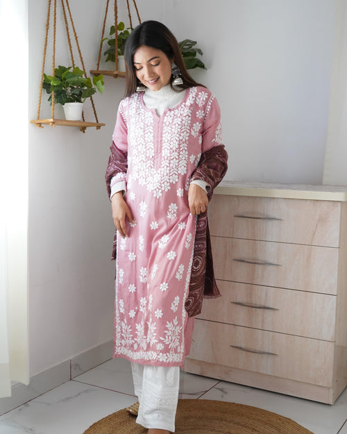 Magenta Pink Rayon Cotton Chikankari Kurta - House Of Kari (Chikankari  Clothing)