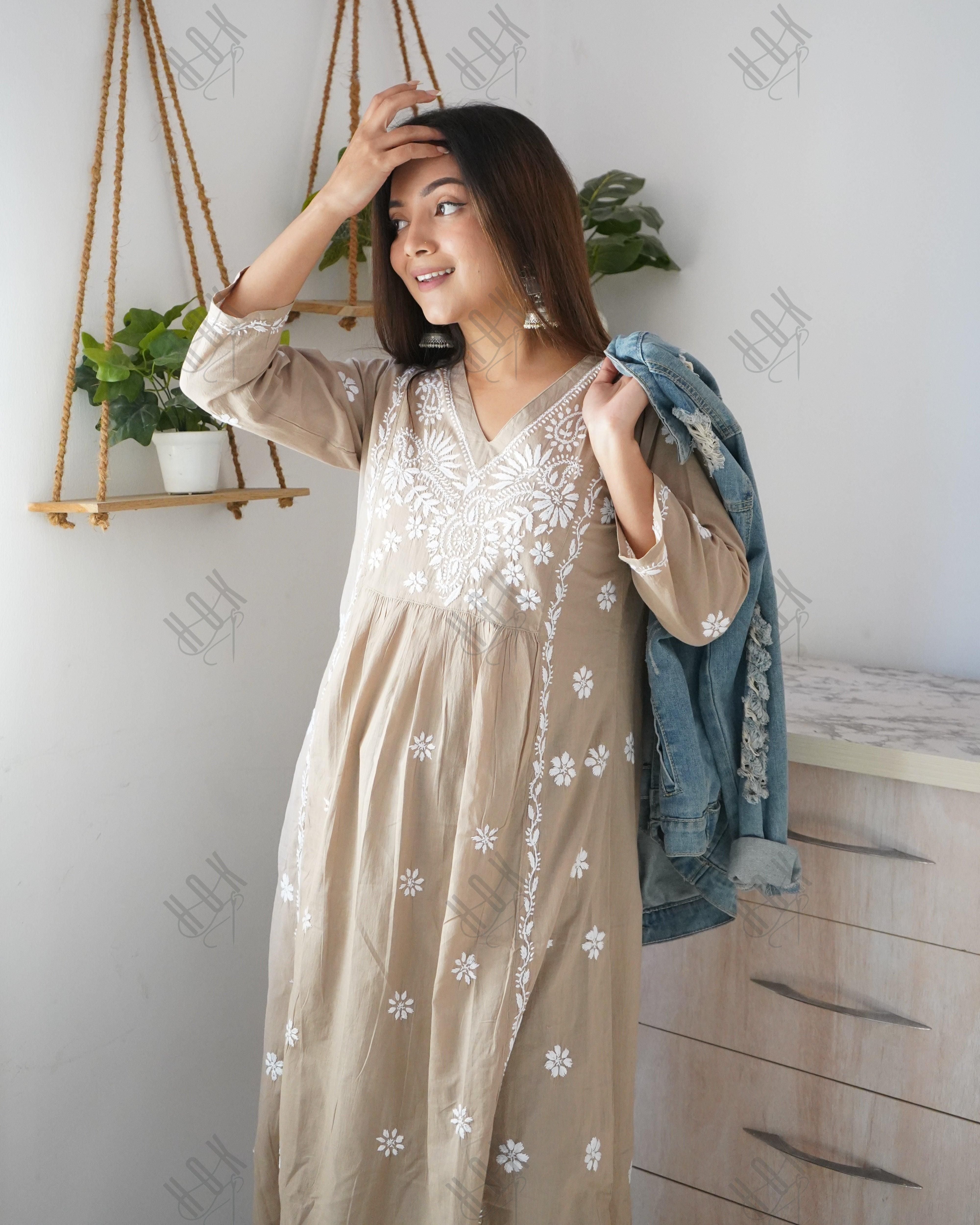 House Of Kari Chikankari Clothing Arti Chauhan in HOK Chikankari Anarkali Kurti for Women Beige