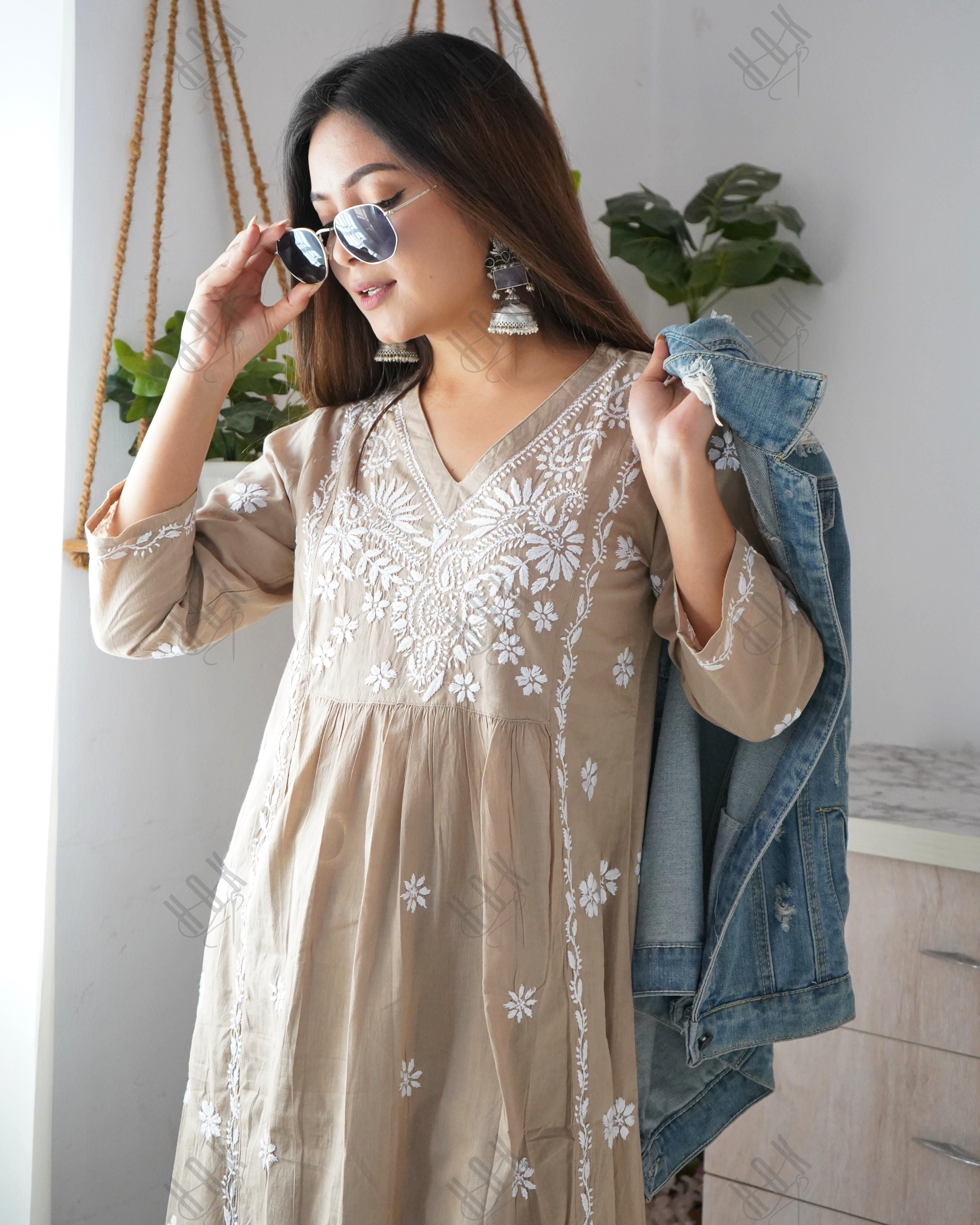 Arti Chauhan in HOK Chikankari Anarkali Kurti for Women - Beige - House Of Kari (Chikankari Clothing)