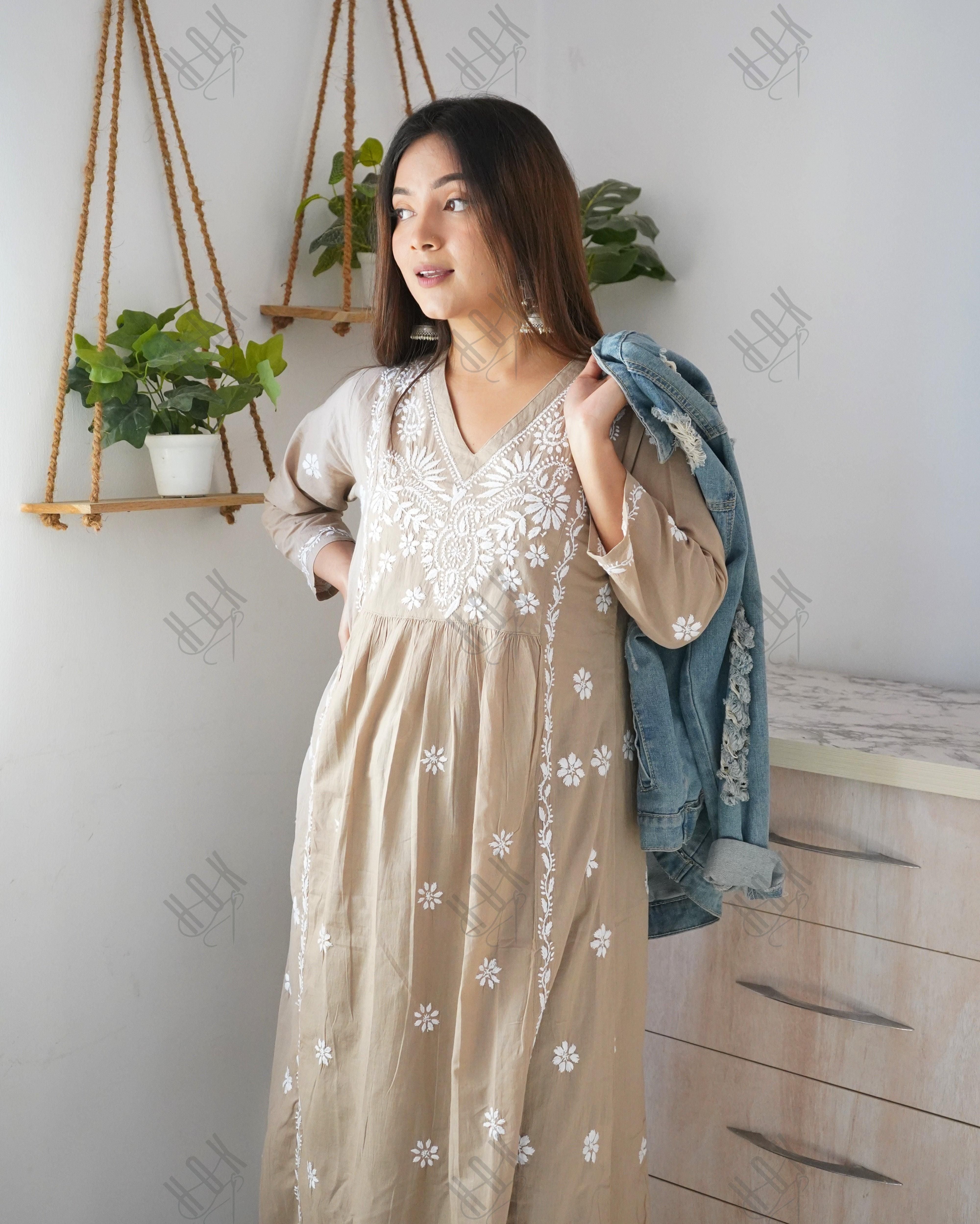 Arti Chauhan in HOK Chikankari Anarkali Kurti for Women - Beige - House Of Kari (Chikankari Clothing)